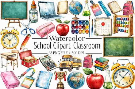 Watercolor School Clipart, Classroom