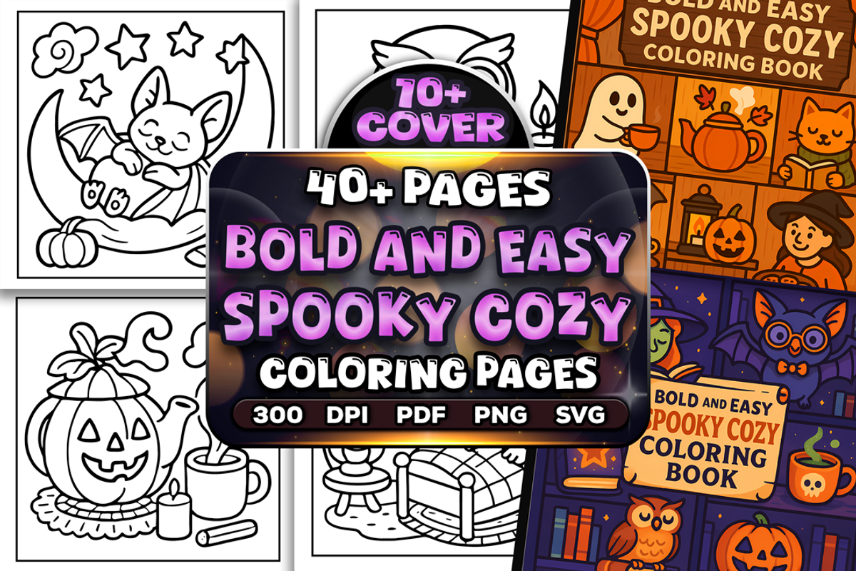 Bold Easy Spooky Cozy Coloring Pages, a Seasonal Illustration by Craftsbeefy (Photo 1 of 4)