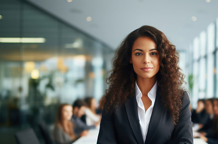Woman CEO with dark hairs confidently leading a diverse boardroom meeting in of
