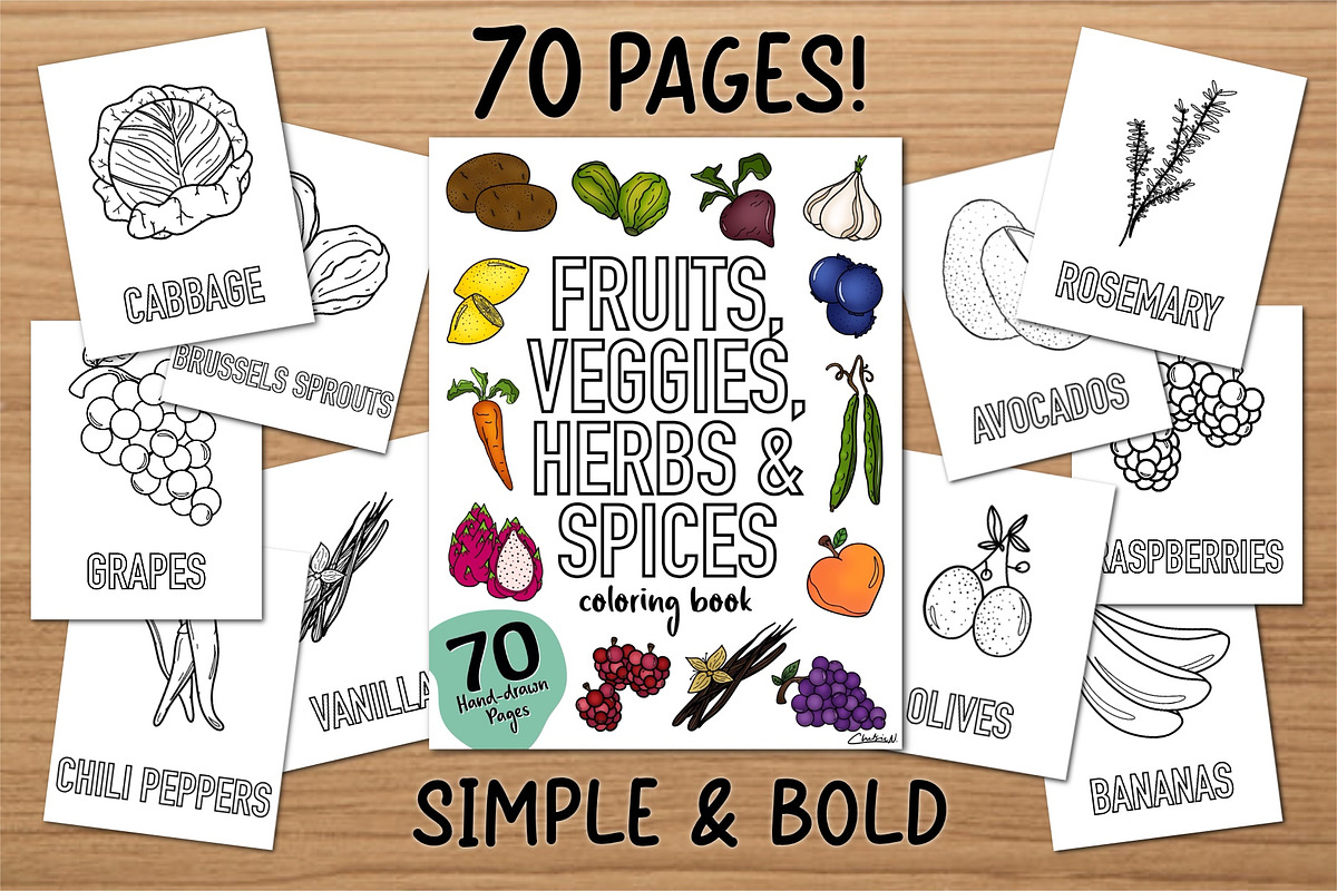 Fruits & Veggies 70 Bold/Easy Pages, a Food Illustration by Bujo Studio (Photo 1 of 3)