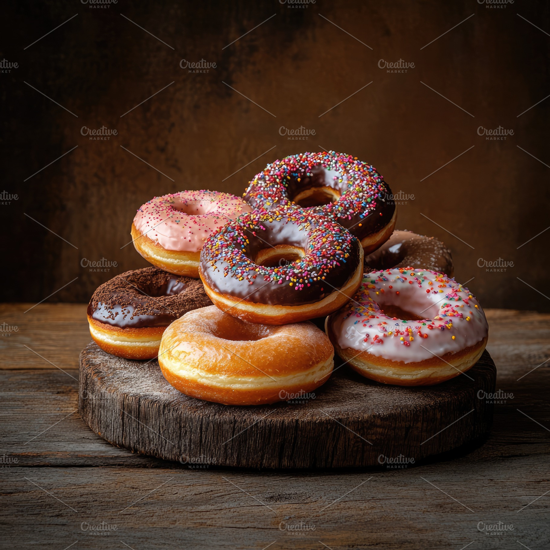Assorted Donuts on Rustic Table, a Food & Drink Photo by Virgo Studio