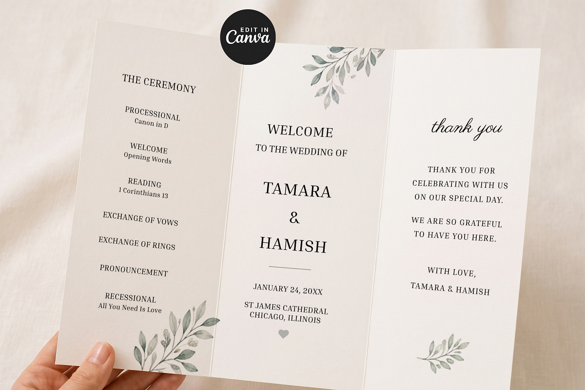 Greenery Wedding Program Template, an Invitation Template by Arslan (Photo 2 of 4)