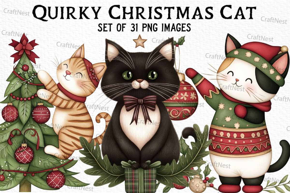 Quirky Christmas Cat Clipart, an Illustration by Craft Nest (Photo 1 of 6)