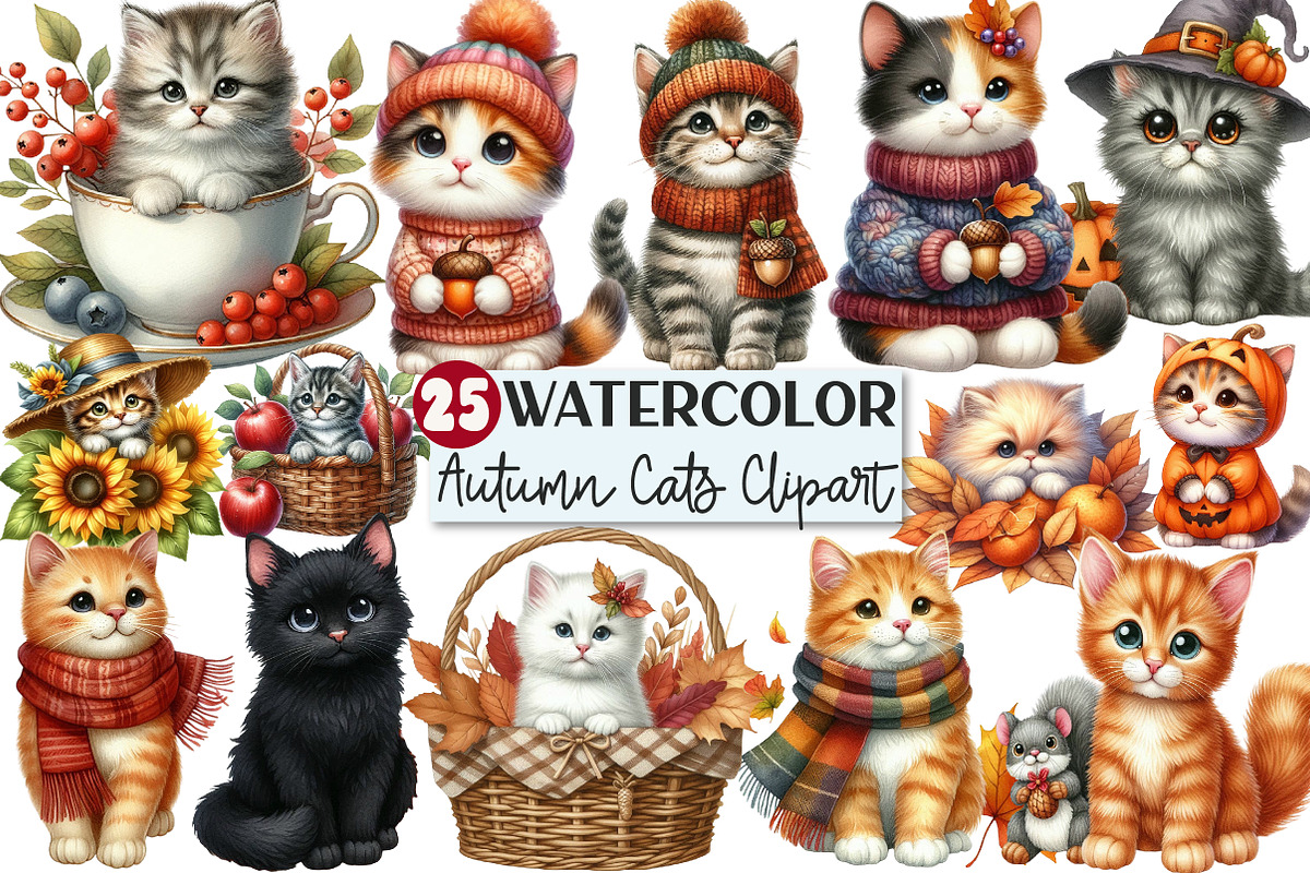Watercolor Autumn Cat Clipart, an Illustration by Rose Art (Photo 1 of 9)