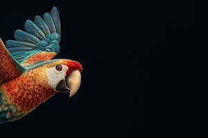 Scarlet Macaw in Flight with Wings Spread Against Dark Backgroun, an Animal Photo by José Manuel Gelpi