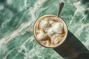 Creamy coffee drink served in a glas, a Photo by Tanuart