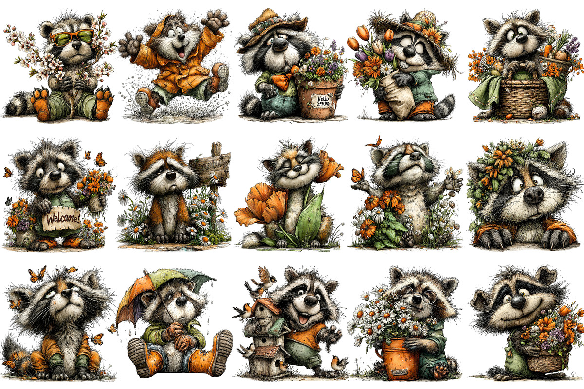 Whimsical Spring Raccoon Clipart, an Illustration by OK Design (Photo 3 of 6)