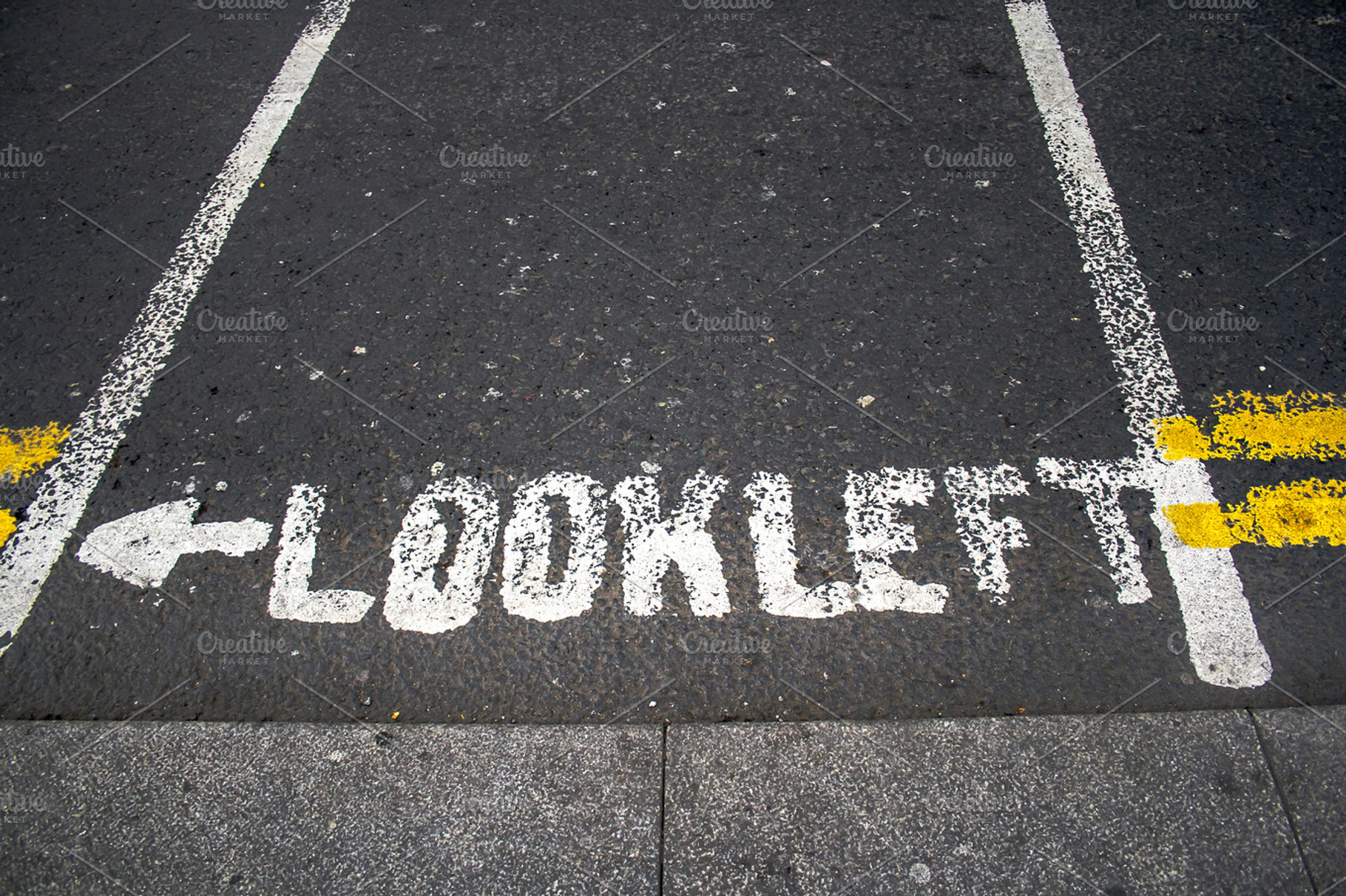Look left containing arrow, asphalt, and both