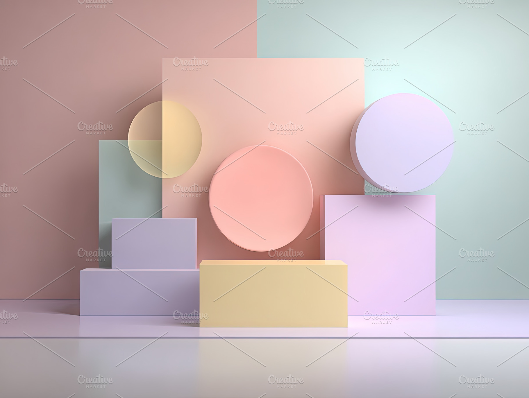 Minimalist arrangement of pastel-colored geometric shapes on sof, an Abstract Photo by Ales Munt