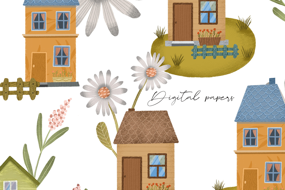 Cozy houses clipart and pattern set, an Object Illustration by Yelloo Fish (Photo 7 of 12)