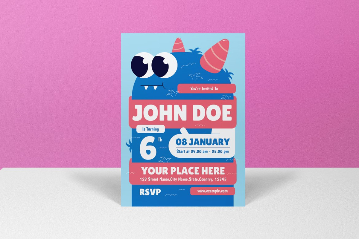 Pink Flat Kids Birthday Invitation, an Invitation Template by graphicook (Photo 3 of 3)