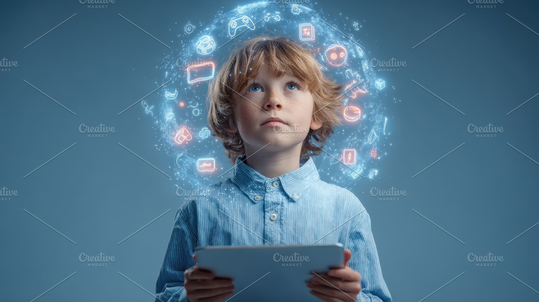 Young Boy Tablet Digital World Imagi, a Photo by Pixeness Studio