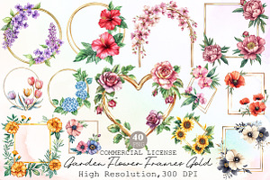 Garden Flower Frames Gold Watercolor, an Illustration by Sublimation Artist