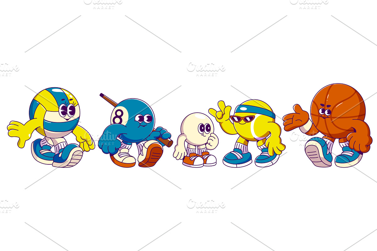 Retro cartoon sport balls mascots, a Sport Illustration by art PVP - market
