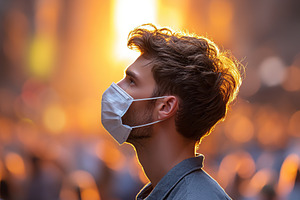 Beautiful man wearing a protective mask in a bustling city at sunset, a Person Photo by AlyaAnd