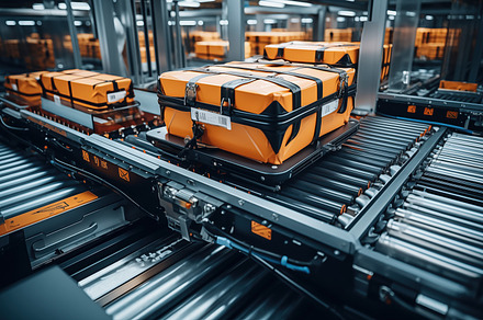 An automated conveyor system transporting orange and black packages in a wareho, an Industrial Photo by Textures & Backgrounds