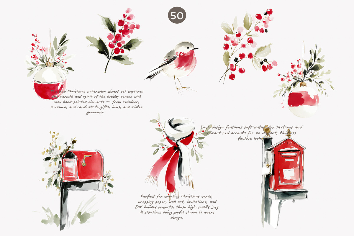 Festive red Christmas watercolor set, a Decorative Illustration by Patishop Art (Photo 6 of 9)