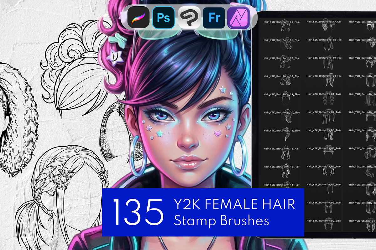 135 Y2K Female Hair Procreate Stamps, a Brush Add-On by Selentaori Studio (Photo 1 of 10)