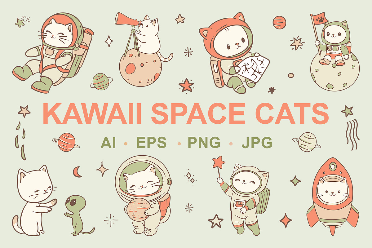 Kawaii Space Cats Bundle, an Animal Illustration by Mariia Kovalchuk (Photo 1 of 17)