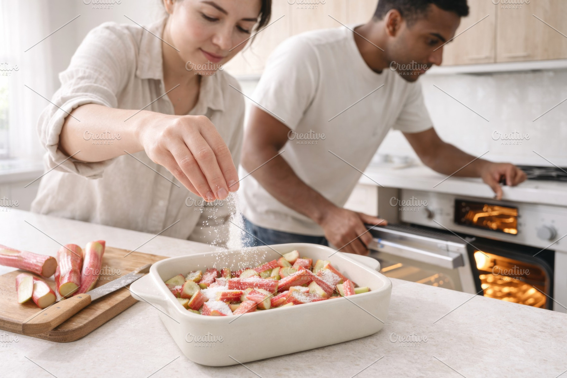 Cooking rhubarb dessert preparation, a Photo by Dvoevnore photos