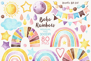 80 Boho Rainbow Watercolor Elements