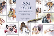 DOG & PEOPLE watercolor clipart, an Animal Illustration by Elena_Sedova (Thumbnail 1 of 8)