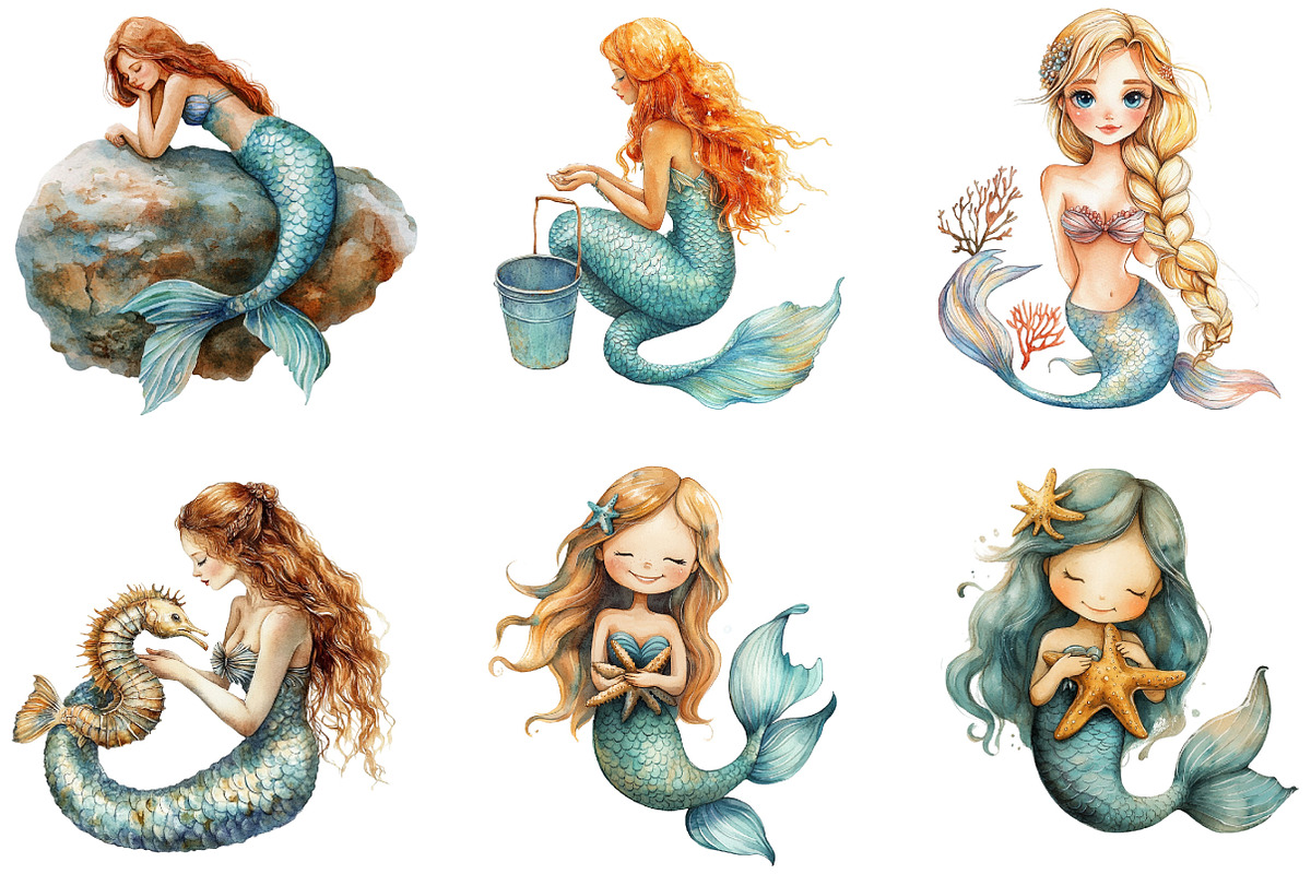 Summer Cute Mermaid Clipart, an Illustration by Designking (Photo 3 of 5)