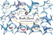 Watercolor Sharks Clipart PNG, an Illustration by SinaCreation (Thumbnail 1 of 5)
