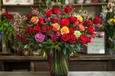 A vibrant bouquet featuring red, pin, a Photo by Tanuart