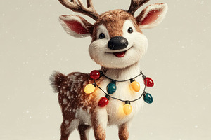 Adorable cartoon reindeer with Christmas lights around neck stan, a Nature Photo by José Manuel Gelpi