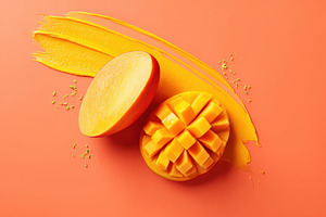 Vibrant mango with puree on orange background, a Food & Drink Photo by AlyaAnd