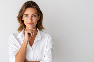 Confident woman in a white shirt, a Business Photo by MistyDay