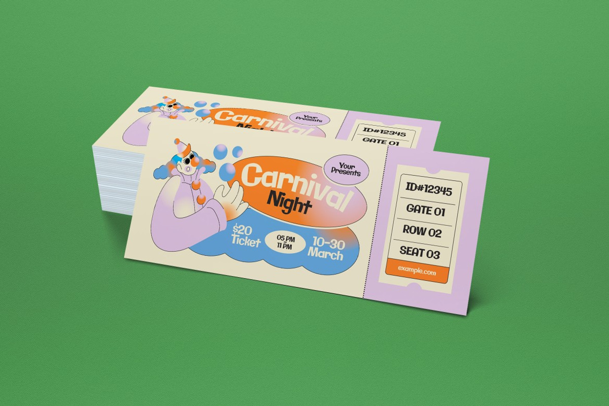 Purple Quirky Carnivals Ticket, a Card Template by graphicook (Photo 2 of 3)