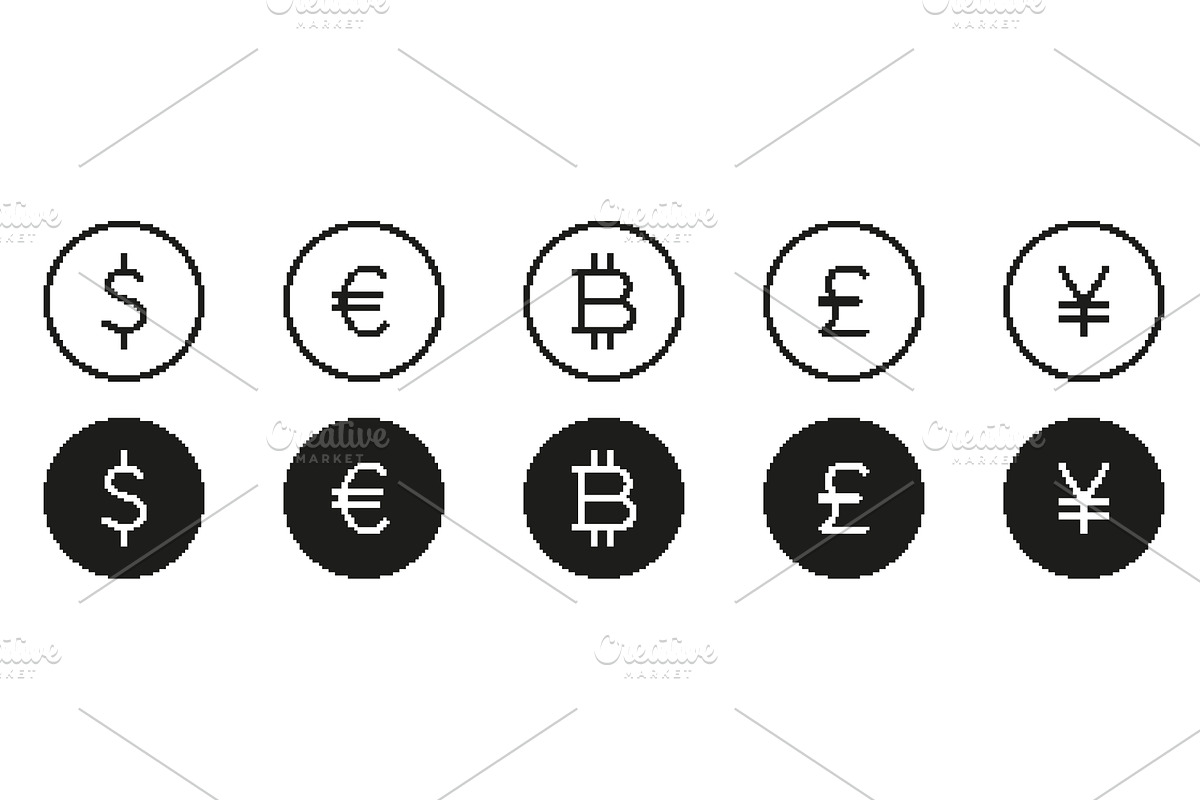 Pixel Art Dollar, Euro, and Bitcoin, an Object Illustration by Vector Creator