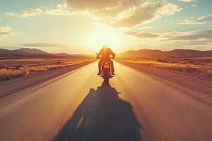 Motorcyclist rides into the glowing, a Transportation Photo by MistyDay
