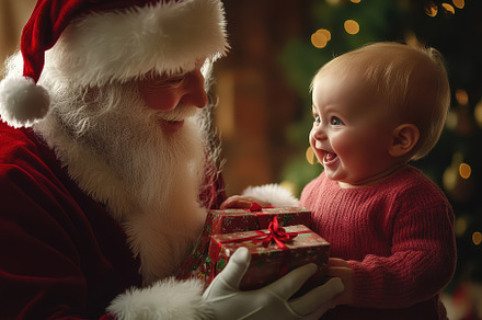 Santa Claus giving Christma gifts, a Photo by Pavel_design