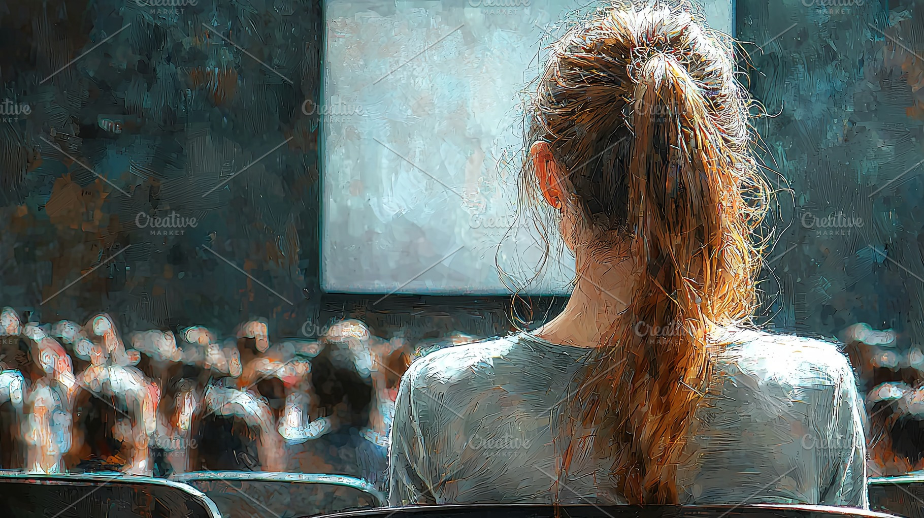 Young woman in audience watching a presentation or event on a large screen, a Photo by AS photostudio