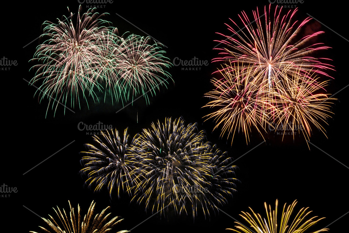 set of fireworks isolated on black, an Object Graphic by aopsan