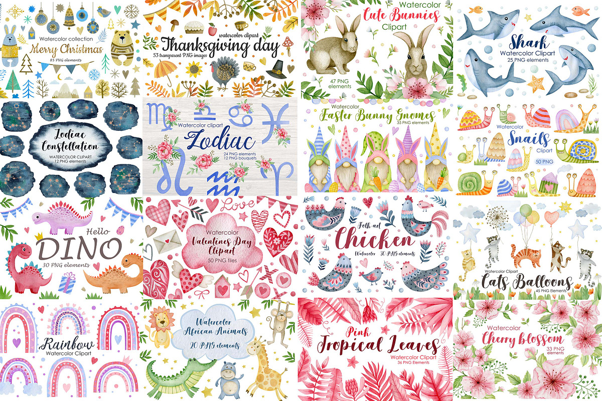 Watercolor Bundle 40 sets clipart., an Animal Illustration by Kira Konoshenko (Photo 2 of 12)