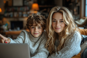 Cheerful mother and son interacting, a Photo by Tanuart