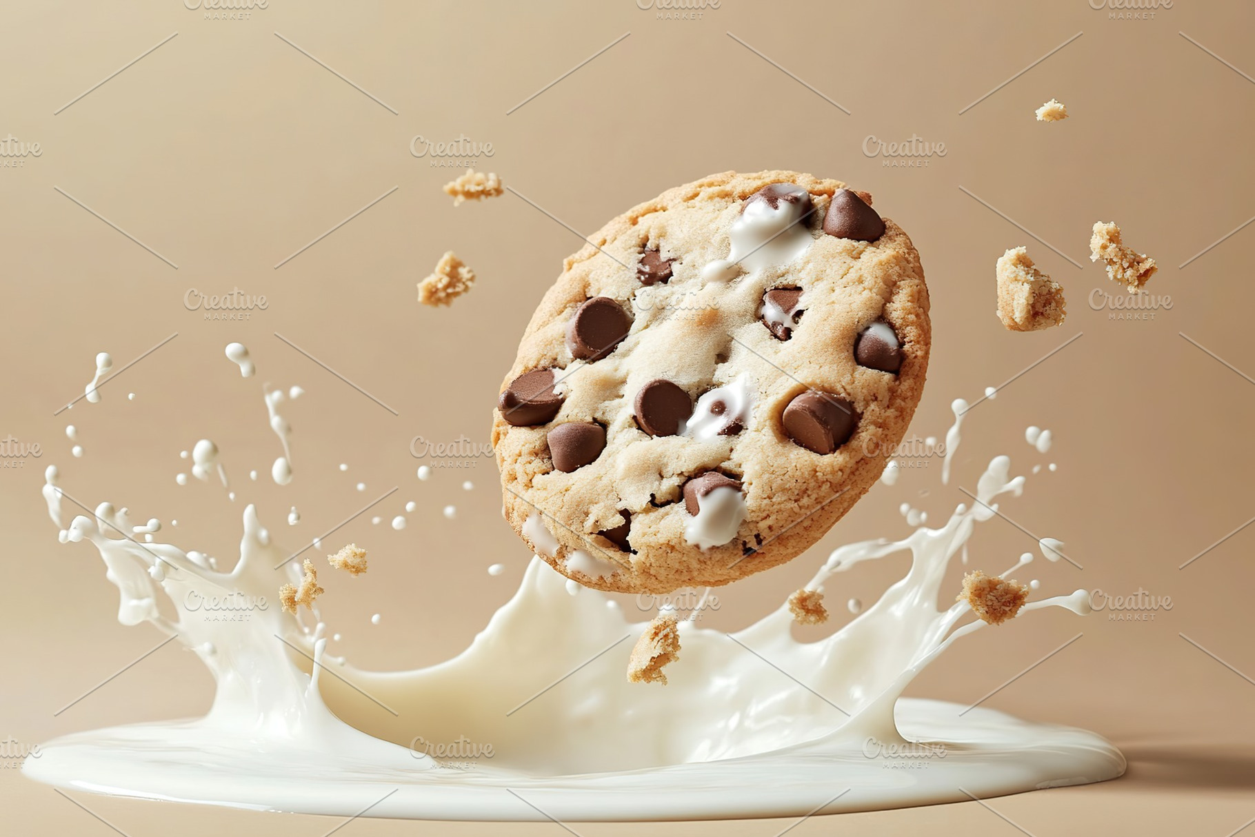 Chocolate cookie falling into white milk, a Food & Drink Photo by AlyaAnd