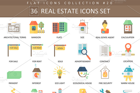 36 Real Estates Flat Icons Set.