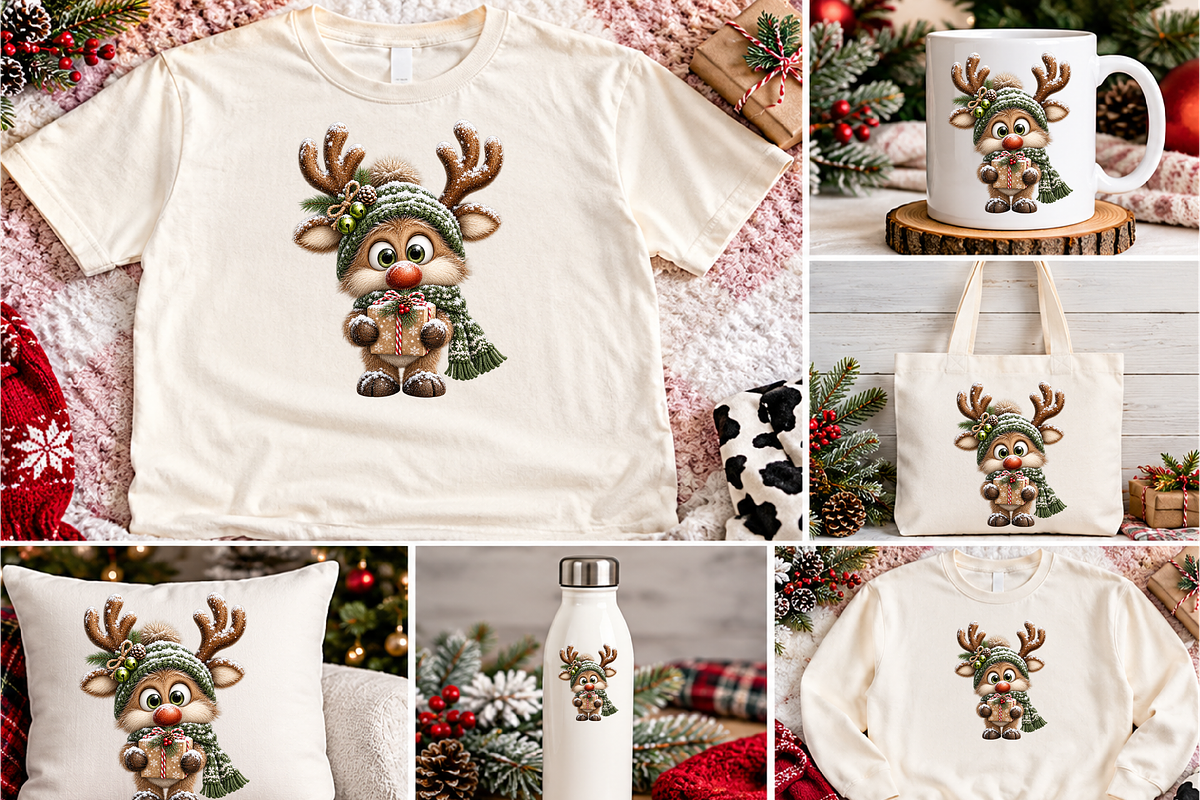 Snowy Christmas Reindeer Gift Bearer, a Seasonal Illustration by Printable Design Store (Photo 2 of 3)