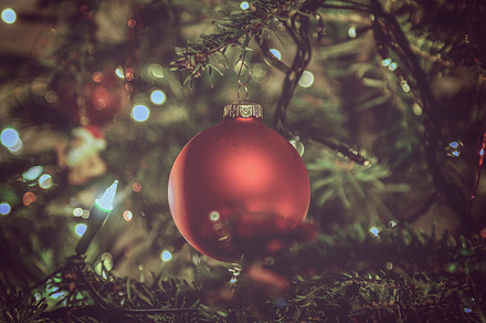 Christmas tree with red ball featuring abstract, background, and ball, a Holiday Photo by Patricia Hofmeester