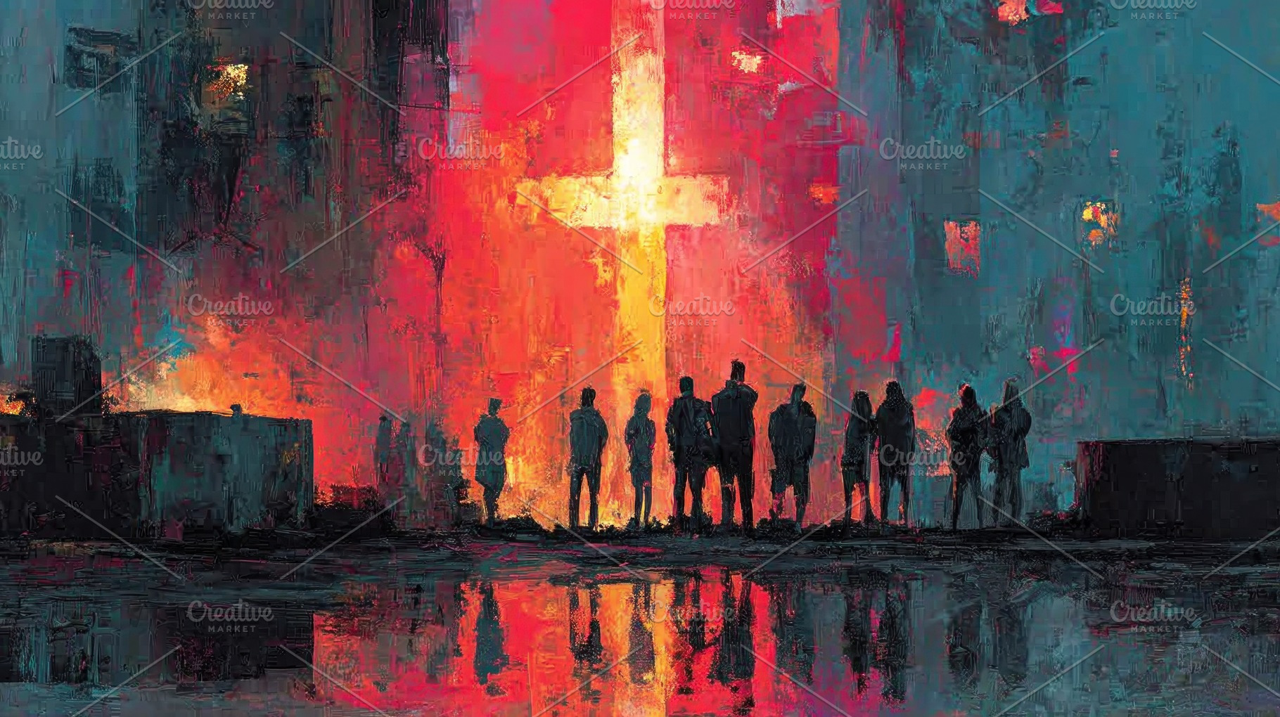 Group of people watching glowing cross-shaped light on urban wal, a Person Photo by José Manuel Gelpi