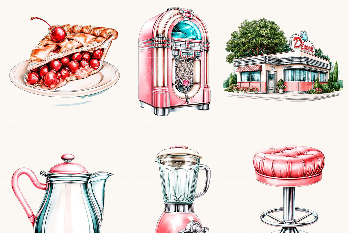 Retro Diner Date Clipart Bundle, a Food Illustration by BusyDaydesign (Photo 2 of 9)