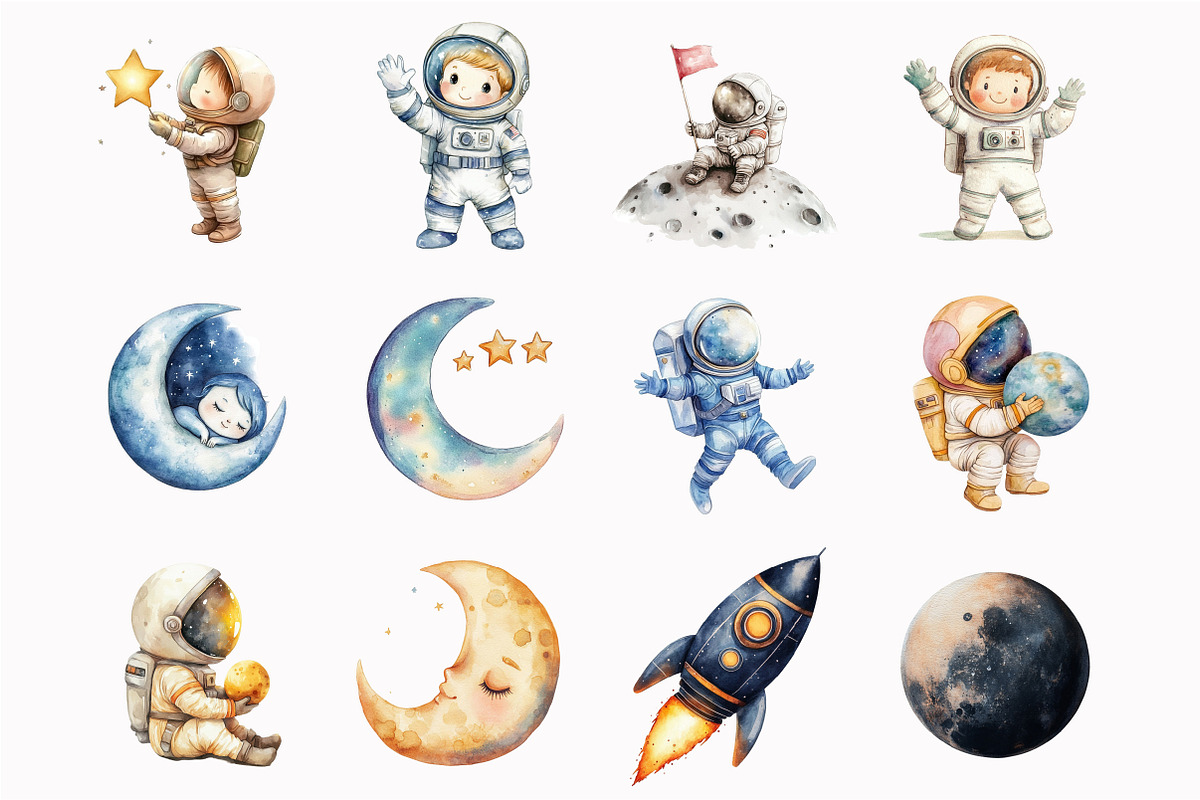 Watercolor Astronaut Clipart Set, an Illustration by Design Market (Photo 4 of 5)
