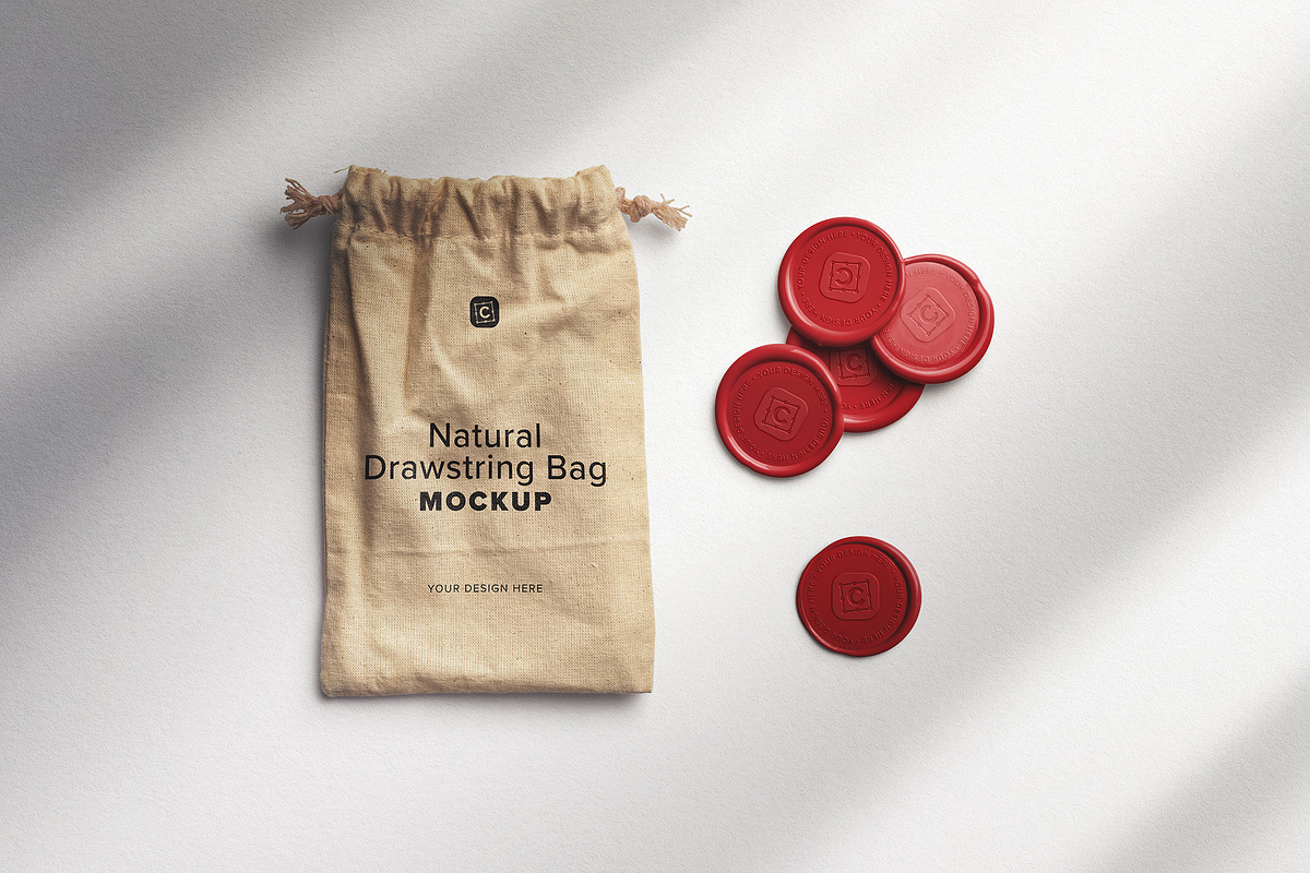 Drawstring Bag with Wax Seals Mockup, an Advertising Mockup by Custom Scene (Photo 10 of 11)