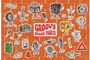 Cartoon groovy car spare parts, an Object Illustration by Vector Tradition