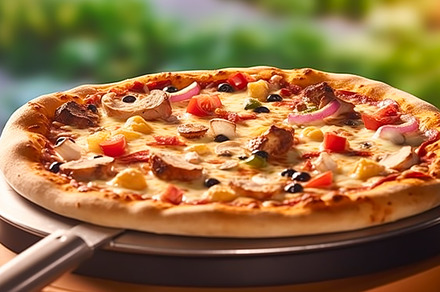 Pizza capricciosa homemade outdoors in the garden, online delive, a Photo by Anneleven